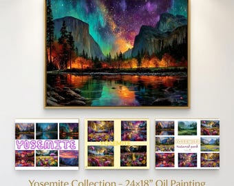 Yosemite Oil Painting & Prints – Night Sky Landscape, National Park Wall Art Set