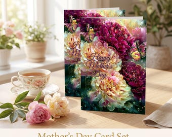 Floral Peony Mother's Day Cards – Oil Painting Border, 7×5″ Printable Greeting Set (Instant Download)
