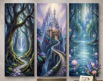 Enchanted Realm Fantasy Triptych, Mystical Forest Oil Painting Set (Digital Download)