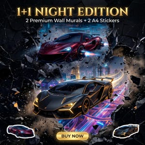 Futuristic Supercar Wall Mural Set – Cyberpunk Neon Cars, Vertical (Digital Download)