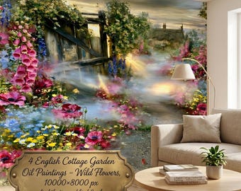 4 English Cottage Garden Oil Paintings – Wild Flowers, Impressionist Style (Digital Download)