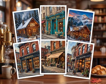 6 Canadian Cafe Oil Painting Cards, 5x7 Vintage Souvenir Art (Digital Download)