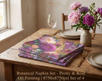 Botanical Peony Rose Oil Painting Napkin Set, Impasto Floral Art (8750px)