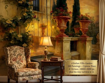 Italian Villa Garden Oil Paintings – Cypress Trees, Terrace, Romantic Wall Art (Digital Download)