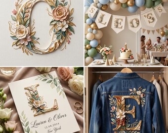 Custom Boy Name Letters: Gold Floral 3D Impasto Nursery Wall Art (10000px PNG)