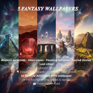 Fantasy Wallpaper Bundle, 5 Ancient Wonders 4K, Digital Download + Animated MP4
