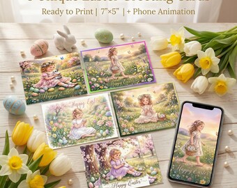 5 Easter Greeting Cards – Watercolor Spring Floral, Bunny, Eggs (7x5" Printable)