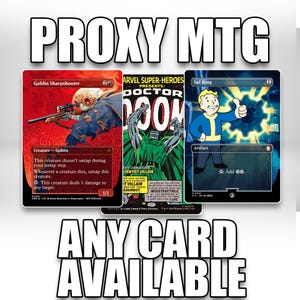 May include: Three rectangular trading cards labeled PROXY MTG and ANY CARD AVAILABLE. The left card is a red Goblin Sharpshooter, the center is a Doctor Doom comic book style card, and the right is a blue Sol Ring card featuring a cartoon character.