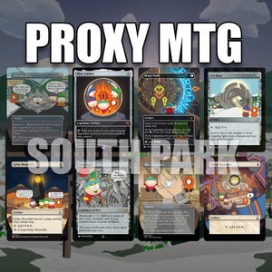 May include: A collection of eight custom Magic: The Gathering proxy cards featuring South Park characters. The cards are titled Chrome Mox, Mox Amber, Mana Vault, Sol Ring, Grim Monolith, Mox Opal, Mox Diamond, and Thran Dynamo, with text PROXY MTG.