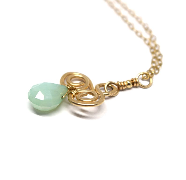 Mint Chalcedony and 14K Goldfill Wirewrapped Pendant with spirals