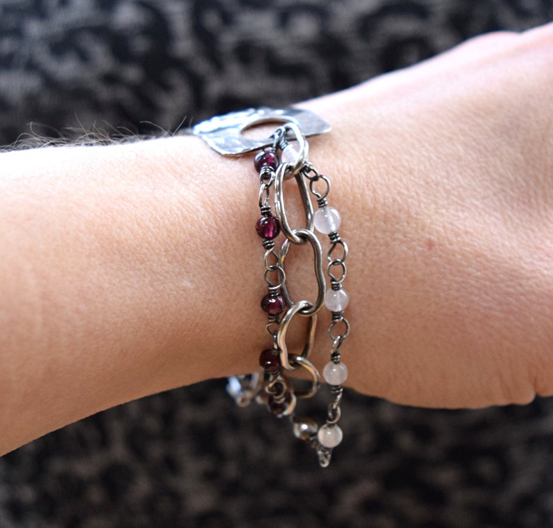Silver Heart Bracelet with Rose Quartz and Garnet Triple Strand Handcrafted for Your Valentine