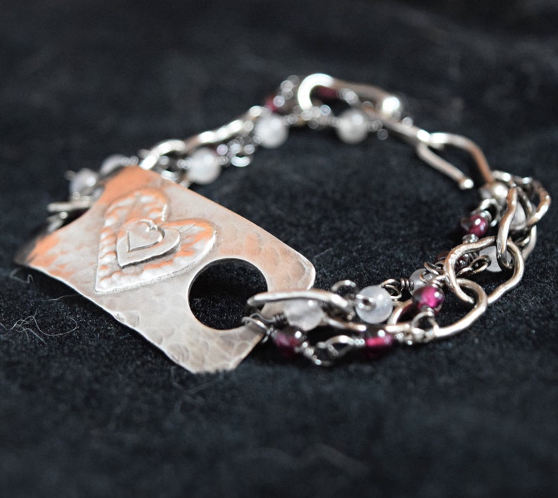 Silver Heart Bracelet with Rose Quartz and Garnet Triple Strand Handcrafted for Your Valentine