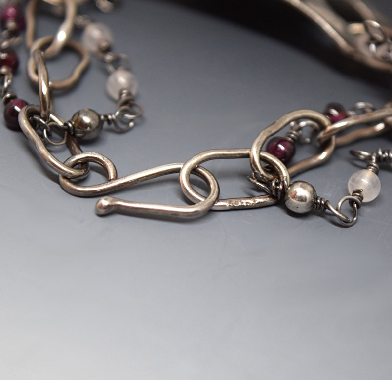 Silver Heart Bracelet with Rose Quartz and Garnet Triple Strand Handcrafted for Your Valentine