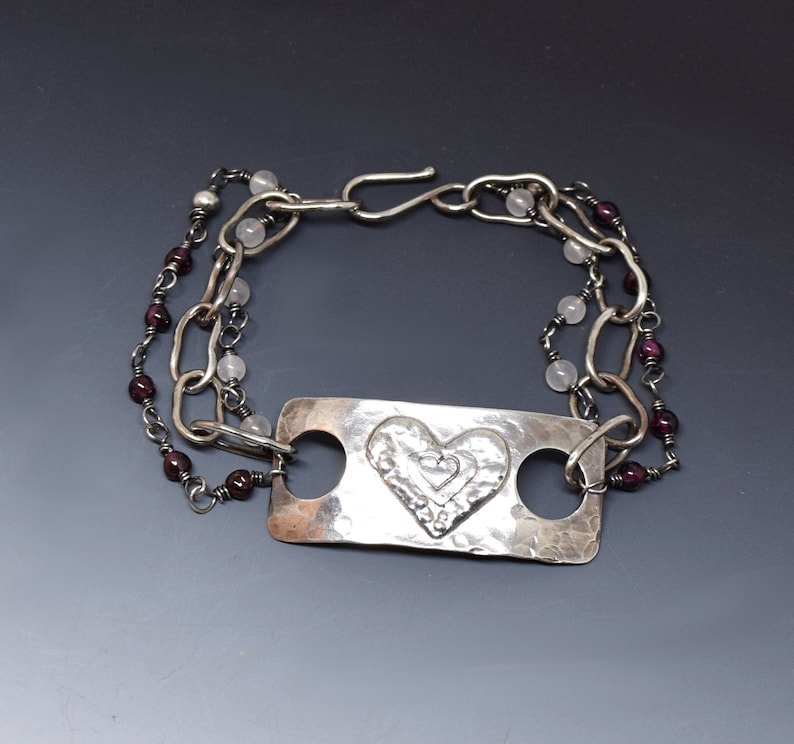Silver Heart Bracelet with Rose Quartz and Garnet Triple Strand Handcrafted for Your Valentine
