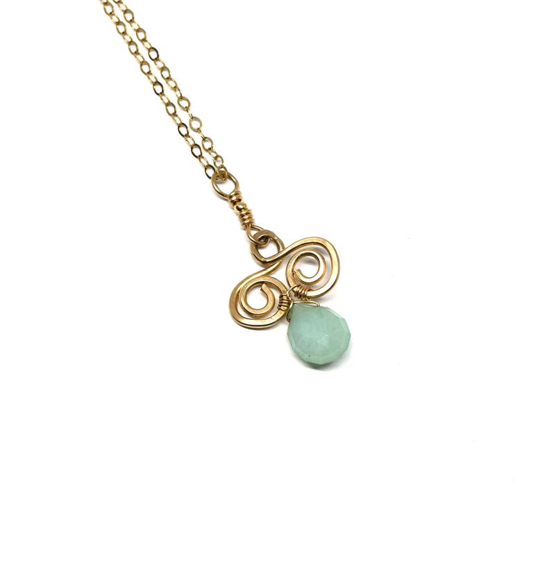 Mint Chalcedony and 14K Goldfill Wirewrapped Pendant with spirals