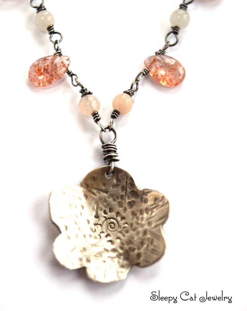 Sterling Silver Flower Necklace with Wire Wrapped Sunstone and Etsy