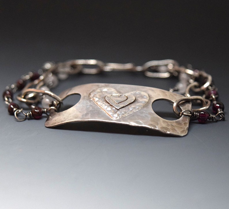 Silver Heart Bracelet with Rose Quartz and Garnet Triple Strand Handcrafted for Your Valentine