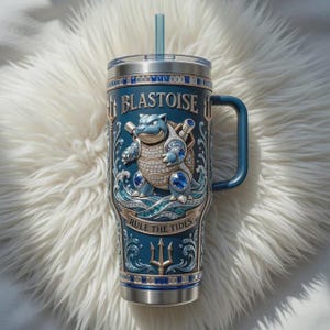 Op de afbeelding: Een roestvrijstalen beker in blauw en zilver met het personage Blastoise. De beker heeft een handvat, een doorzichtig deksel en een blauw rietje. De tekst "BLASTOISE" en "RULE THE TIDES" staan op de beker.