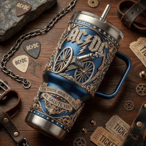 Puede incluir: Un vaso de acero inoxidable azul con el logotipo de AC/DC y un diseño de cañón. El vaso tiene un asa y una pajita, con el texto "FOR THOSE ABOUT TO ROCK WE SALUTE YOU". Incluye púas de guitarra y una cadena.