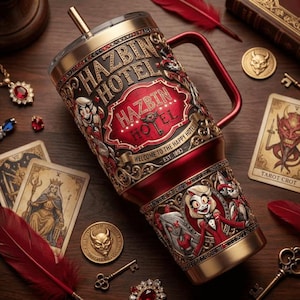 Puede incluir: Un vaso Hazbin Hotel rojo y dorado con asa, con el logo del hotel e ilustraciones de personajes. El diseño incluye el texto "Welcome to the Happy Hotel, Est. 1893".