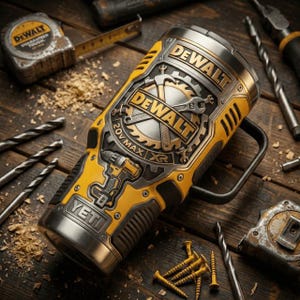 Peut inclure: Un gobelet isotherme jaune et argenté avec le logo "DEWALT" et un motif de perceuse. Le gobelet a une poignée noire et le mot "YETI" est imprimé en bas. Des outils et des copeaux de bois entourent le gobelet.
