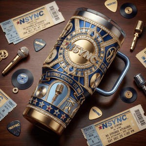 May include: A gold and blue insulated tumbler featuring the band *NSYNC logo and concert details. The tumbler is decorated with rhinestones, microphones, and stars. The image also includes concert tickets, guitar picks, and miniature records.