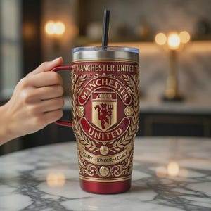 May include: Red and gold insulated tumbler featuring the Manchester United logo. The tumbler has a handle and a black straw. The design includes the words "Manchester United", "Glory, Honour, Legacy".