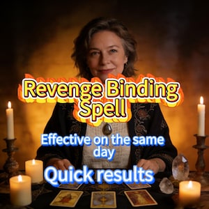 May include: A woman sits at a table with lit candles and tarot cards. Text in the image reads "Revenge Binding Spell", "Effective on the same day", and "Quick results". A crystal and a pendant are also visible.