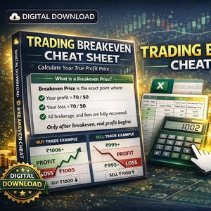 Può includere: Download digitale di un cheat sheet sul punto di pareggio commerciale. L'immagine include una calcolatrice, un foglio di calcolo e una pila di monete d'oro. Il testo recita "Trading Breakeven Cheat Sheet" e "Calculate Your True Profit Price."