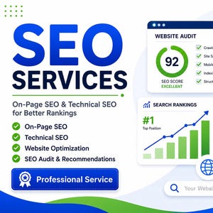 Può includere: Un grafico digitale che promuove servizi SEO con il testo SEO SERVICES, On-Page SEO & Technical SEO for Better Rankings e Professional Service. Mostra un punteggio di audit del sito web di 92, grafici di posizionamento e dati analitici.