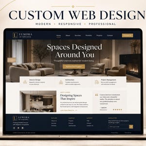 May include: A laptop screen displaying a custom web design for Lumora Interiors. The website features a dark and cream colour palette, showcasing interior design services with text headers like Spaces Designed Around You and Custom Web Design.