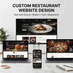 May include: A digital display showing custom restaurant website designs on a desktop monitor, two laptops, and a smartphone. The screens feature food photography and text including L'Atelier Gourmand, The Burger Joint, and The Daily Grind.