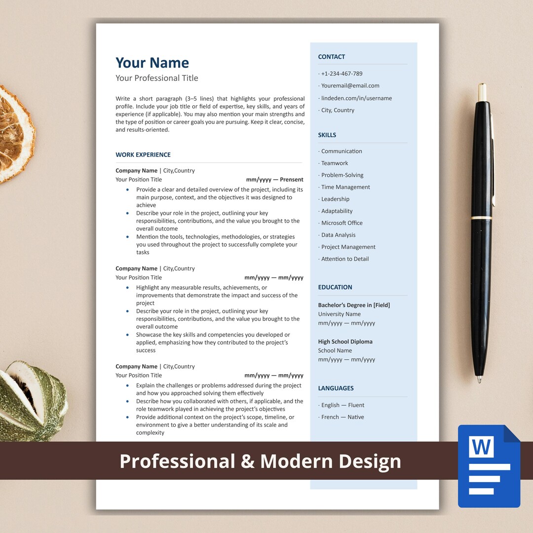 Modern Resume Template, Professional CV Template, Editable Word Resume ...
