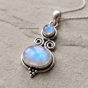 Colgante de piedra lunar arcoíris, plata de ley, joyería de piedras preciosas hecha a mano