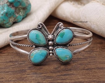 Kingman Mohave Turquoise Cuff Bangle, Butterfly Design Silver Jewelry