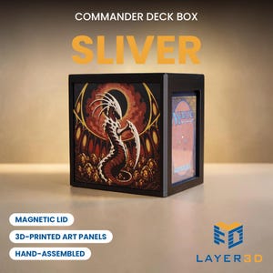May include: A black Commander Deck Box with 3D-printed art panels featuring a creature illustration and the text COMMANDER DECK BOX SLIVER. The box includes a magnetic lid and displays a Magic The Gathering card on the side panel.