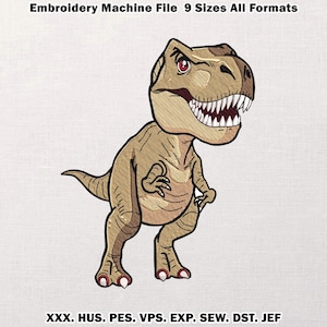 May include: A tan Tyrannosaurus Rex embroidery design with red eyes and sharp white teeth. The image includes the text "Embroidery Machine File 9 Sizes All Formats" at the top and file format abbreviations at the bottom.