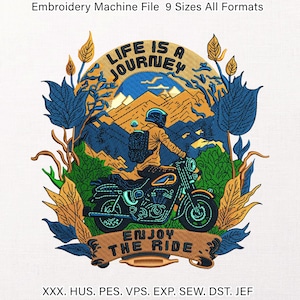 Motorcycle Biker Embroidery Design | Enjoy The Ride Patch, Travel Adventure Motif | Machine Embroidery Pattern, Files | Pes, Dst, Exp