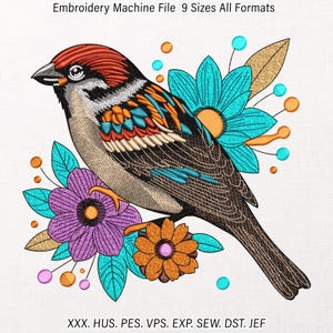 Puede incluir: Un archivo de bordado a máquina con un diseño detallado de un pájaro con plumas coloridas, posado entre flores estilizadas. El pájaro tiene la cabeza roja y las flores son turquesas, moradas y naranjas. El texto "Embroidery Machine File 9 Sizes All Formats" está en la parte superior.