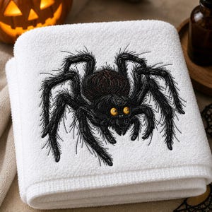 Puede incluir: Una toalla de felpa blanca con una araña negra bordada detallada, que presenta largas patas peludas y dos ojos amarillos prominentes. La araña está colocada en el centro de la tela doblada, mostrando costuras intrincadas y textura.