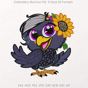 Puede incluir: Un archivo de bordado a máquina con un pájaro de dibujos animados de plumas moradas oscuras, grandes ojos morados brillantes y pico amarillo. El pájaro tiene un girasol tras la cabeza y el texto Embroidery Machine File 9 Sizes All Formats.