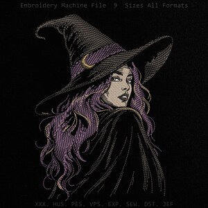 Gothic Witch Embroidery Design Purple Hair Magic Portrait Patch Spooky Halloween Crescent Moon Hat Machine Stitch Mystical Woman File