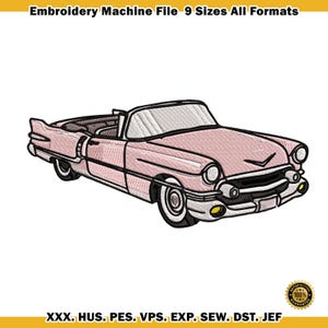 May include: Pink classic convertible car embroidery design. The image shows a detailed embroidered design of a vintage car with white tires and chrome accents. The design is suitable for machine embroidery projects.