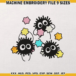 May include: Machine embroidery file showing three black, round cartoon characters with large eyes and spiky outlines, each with colourful star-shaped accents. The text "MACHINE EMBROIDERY FILE 9 SIZES" is at the top.