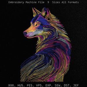 Diseño de bordado de lobo neón, motivo de arte lineal de animal salvaje brillante (archivo de puntada Alpha Predator digitalizado manualmente, pes dst exp jef hus vp3 xxx)