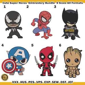 以下が含まれることがあります： 6人の可愛いスーパーヒーローのデザインが施された刺繍バンドル：ヴェノム、スパイダーマン、バットマン、キャプテンアメリカ、デッドプール、グルート。「Cute Super Heros Embroidery Bundle 9 Sizes All Formats」の文字が上部にあります。画像にはファイル形式の略語も含まれています。