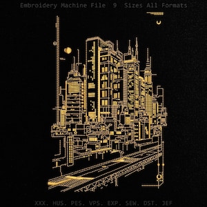 May include: A gold-colored embroidery machine file design featuring a detailed cityscape with skyscrapers and a road on a black background. The text at the top reads Embroidery Machine File 9 Sizes All Formats, with file extensions listed at the bottom.