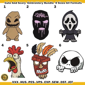 May include: An embroidery bundle featuring six cute and scary designs. Includes a burlap-like character, a black ski mask with pink dripping paint, a ghost-faced figure, a rooster, a tiki mask, and a skull. The text "Cute And Scary Embroidery Bundle" is at the top.