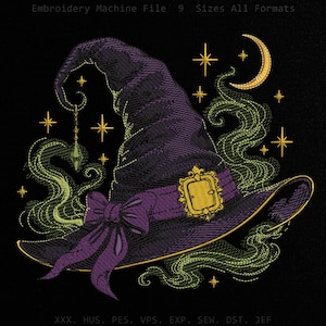 Ricamo magico con cappello da strega viola, toppa spettrale con luna crescente di Halloween, fumo verde magico oscuro, file per punto macchina, arte gotica
