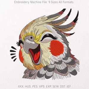Happy Cockatiel Embroidery Design, Chirping Parrot Portrait Motif (Manual Digitized Laughing Bird Crested Parakeet Stitch File, pes)